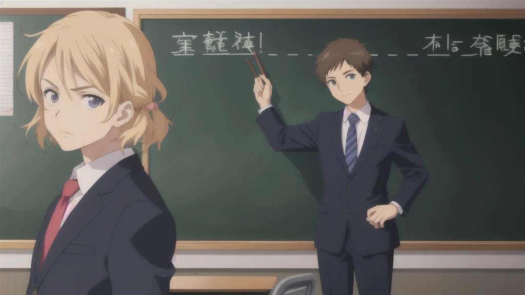 Teacher standing in front of the podium、Chalkboard at the back、Straight face、male、suit、Anime Style、Close-up of face