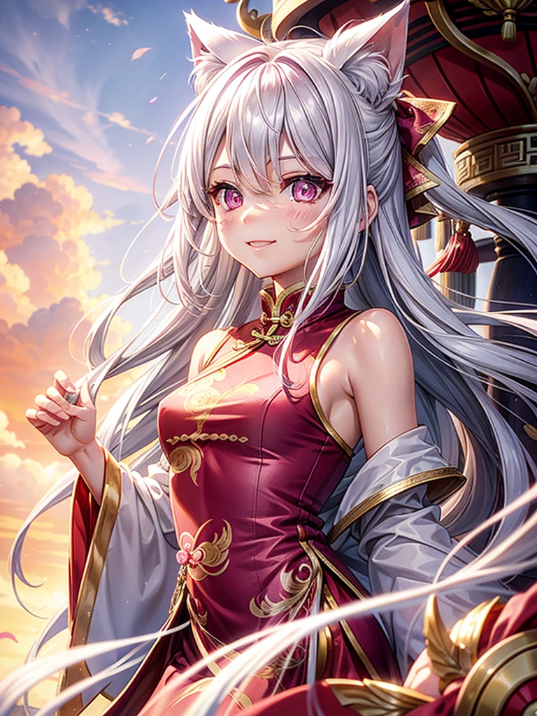 Silver hair, pink eyes, woman, sun and cloud background, pink red gold clothes, hair bows, happy face, Chinese outfit, sexy, cat ears