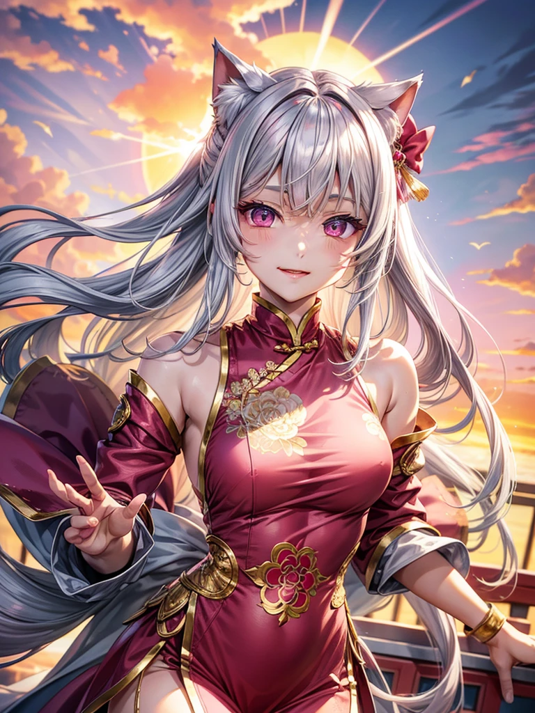 Silver hair, pink eyes, woman, sun and cloud background, pink red gold clothes, hair bows, happy face, Chinese outfit, sexy, cat ears