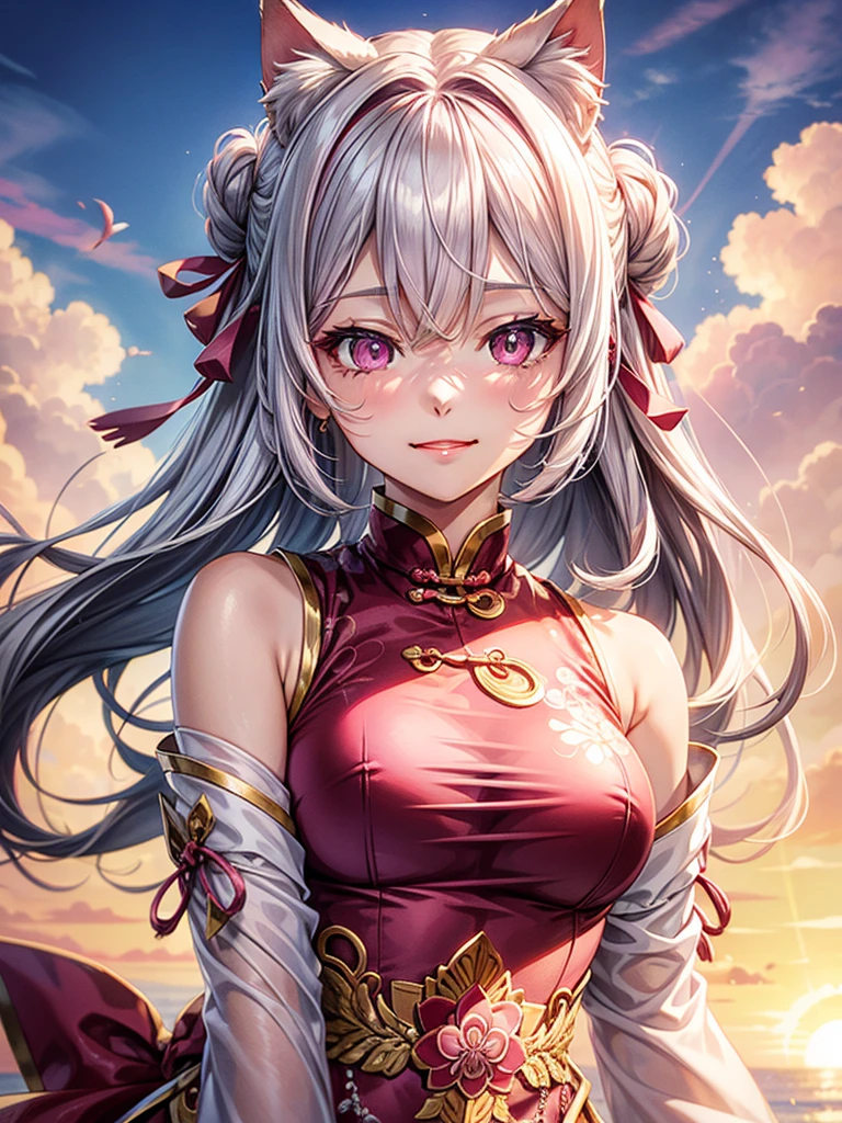 Silver hair, pink eyes, woman, sun and cloud background, pink red gold clothes, hair bows, happy face, Chinese outfit, sexy, cat ears