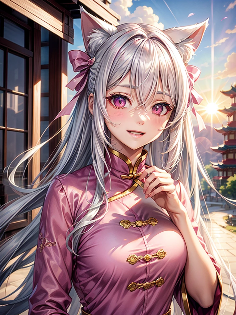 pink panty, Masterpiece, Best Quality, Night, Full Moon, 1 Girl, Mature Woman, Chinese Style, Ancient China, Sister, Royal Sister, Cold expression, expressionless face, Silver white long haired woman, Light pink lips, Calm, Intellectual, Three belts, Gray pupils, Assassin, Short knife, Flower ball background, Strolling in the street scenery