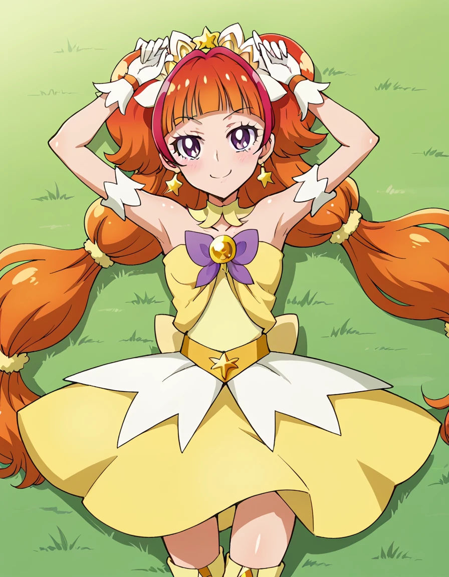 curetwinkle, shiny skin, high quality, solo, lying, on back, arms up, spread arms, closed mouth, on grass, (cowboy shot:1.5), looking at viewer, nervous, smile, best quality,