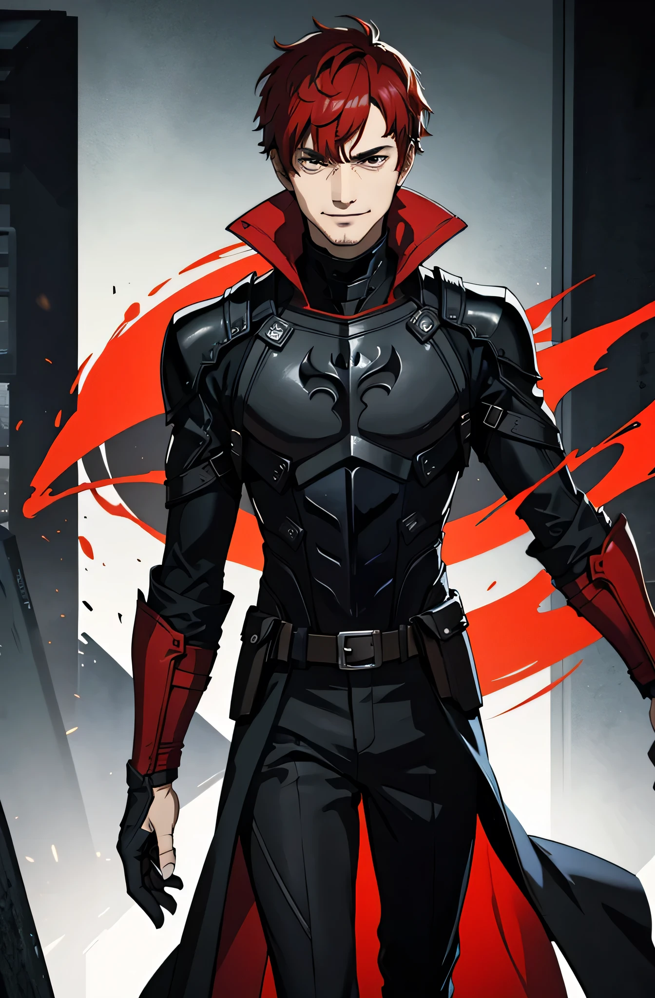 1 old man, red short hair, dark knight, portrait,  black eyes,furious,evil smile,80 years old,
