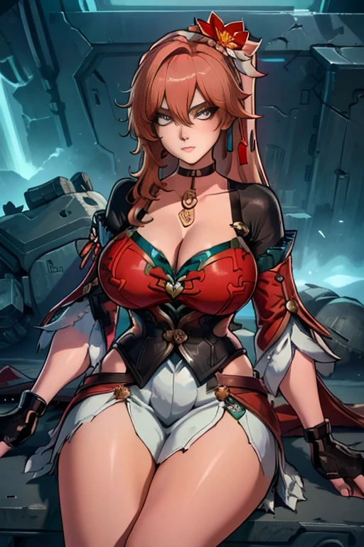 , 8K, HDR, motor ureal, ultra quality, big beautiful woman colorful hair, sitting cross-legged, torn garments, long breasts,detailed realistic cyberpunk style, chestnut hair, cos, 8K, ultra-detailed hoyoverse 1girls purple hair busty female huge breasts looking at viewer mature woman (clothes) purple eyes seductive eyes seductive look sitting