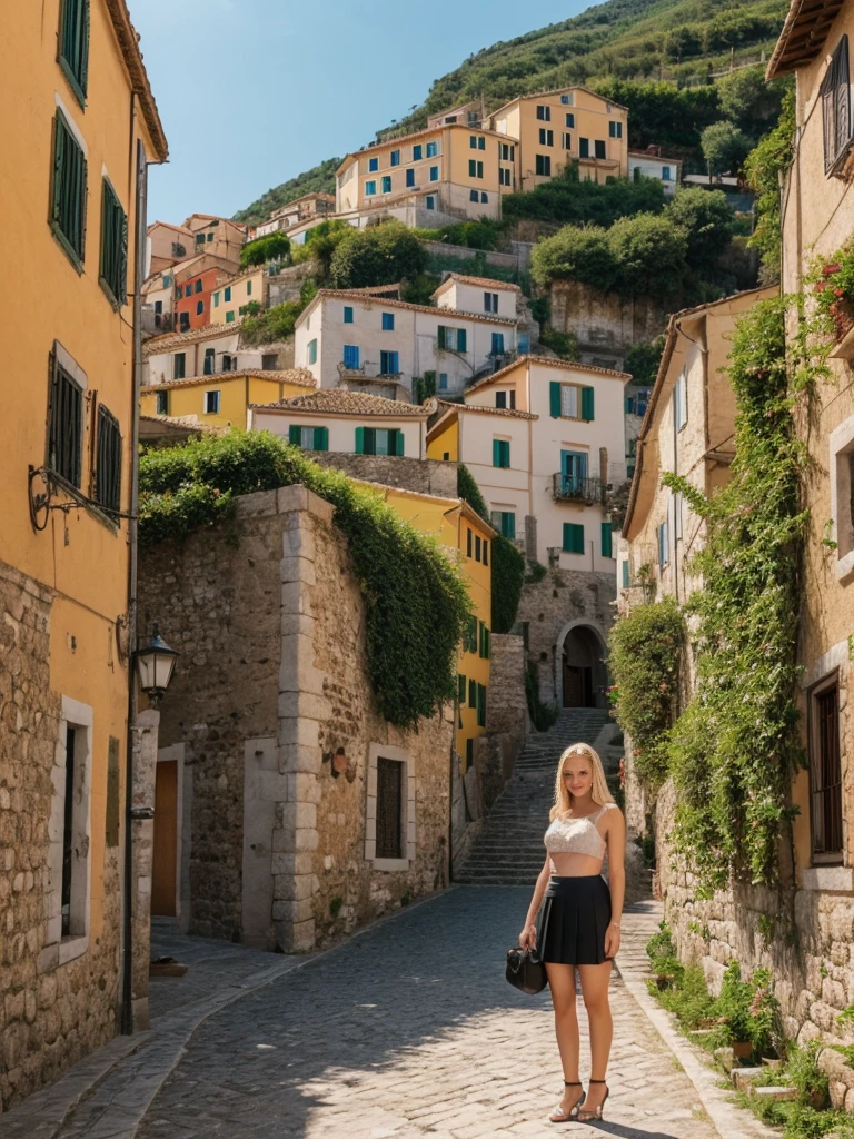 her name is Marie, high quality, 1girl, ((20-year-old fit Caucasian woman)), ((20 years old)), ((fit)), ((pale skin tone)), medium length straight blonde hair , wearing Lace-Up Corset Top + High-Waisted Pleated Skirt, pose: standing, background: Write about the enchanting beauty of the Cinque Terre in Italy, where colorful villages cling to the cliffs, overlooking the sparkling Mediterranean Sea and terraced vineyards.