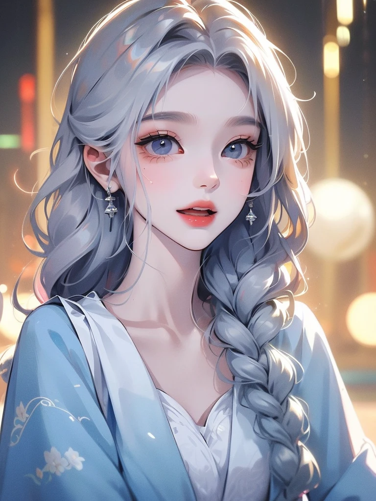 ((Highest quality)), ((masterpiece)), (detailed), One girl, The background is nature、The weather was sunny.、Silver hair straight long hair、Half Up、Parallel thin eyebrows、Double droopy eyes、Thin lips、Small nose、Blue Eyes、Long eyelashes、Delicate appearance、Illustration seen from the front、A big smile with an open mouth、White dress、Fantastic illustrations、Highlights are 7 colors、The light is on my face、Eye contact illustration、White Nine-Tailed Fox