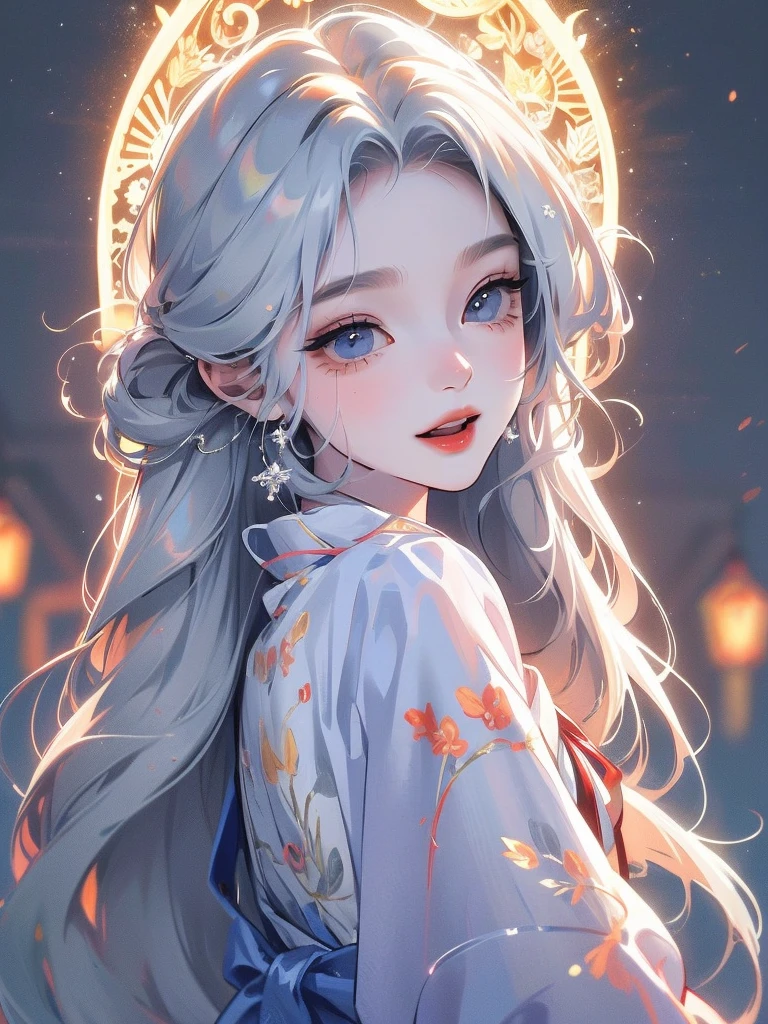 ((Highest quality)), ((masterpiece)), (detailed), One girl, The background is nature、The weather was sunny.、Silver hair straight long hair、Half Up、Parallel thin eyebrows、Double droopy eyes、Thin lips、Small nose、Blue Eyes、Long eyelashes、Delicate appearance、Illustration seen from the front、A big smile with an open mouth、White dress、Fantastic illustrations、Highlights are 7 colors、The light is on my face、Eye contact illustration、White Nine-Tailed Fox