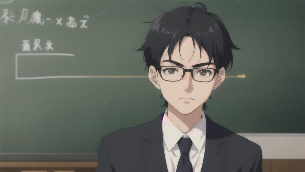 Teacher standing in front of the podium、Chalkboard at the back、Straight face、male、suit、Anime Style、Close-up of face、Black Hair、Glasses