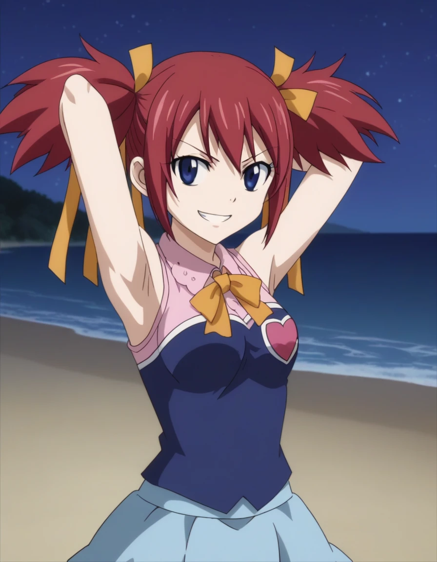 chelia_blendy, source_anime, rating_safe, intricate details, anime screencap, anime coloring, 1girl, solo,  red hair, blue eyes, ribbon, hair ribbon, twintails, short twintails, looking at viewer, solo, contrapposto, spread armpit, arms behind head, grin, looking at viewer, (cowboy shot:1.5), closed mouth, night sky, beach, high quality,