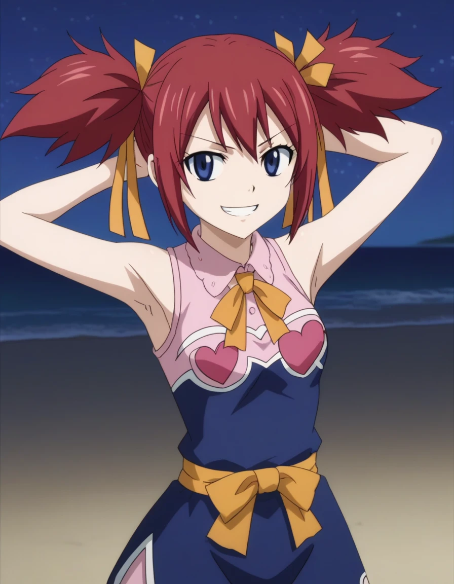 chelia_blendy, source_anime, rating_safe, intricate details, anime screencap, anime coloring, 1girl, solo,  red hair, blue eyes, ribbon, hair ribbon, twintails, short twintails, looking at viewer, solo, contrapposto, spread armpit, arms behind head, grin, looking at viewer, (cowboy shot:1.5), closed mouth, night sky, beach, high quality,