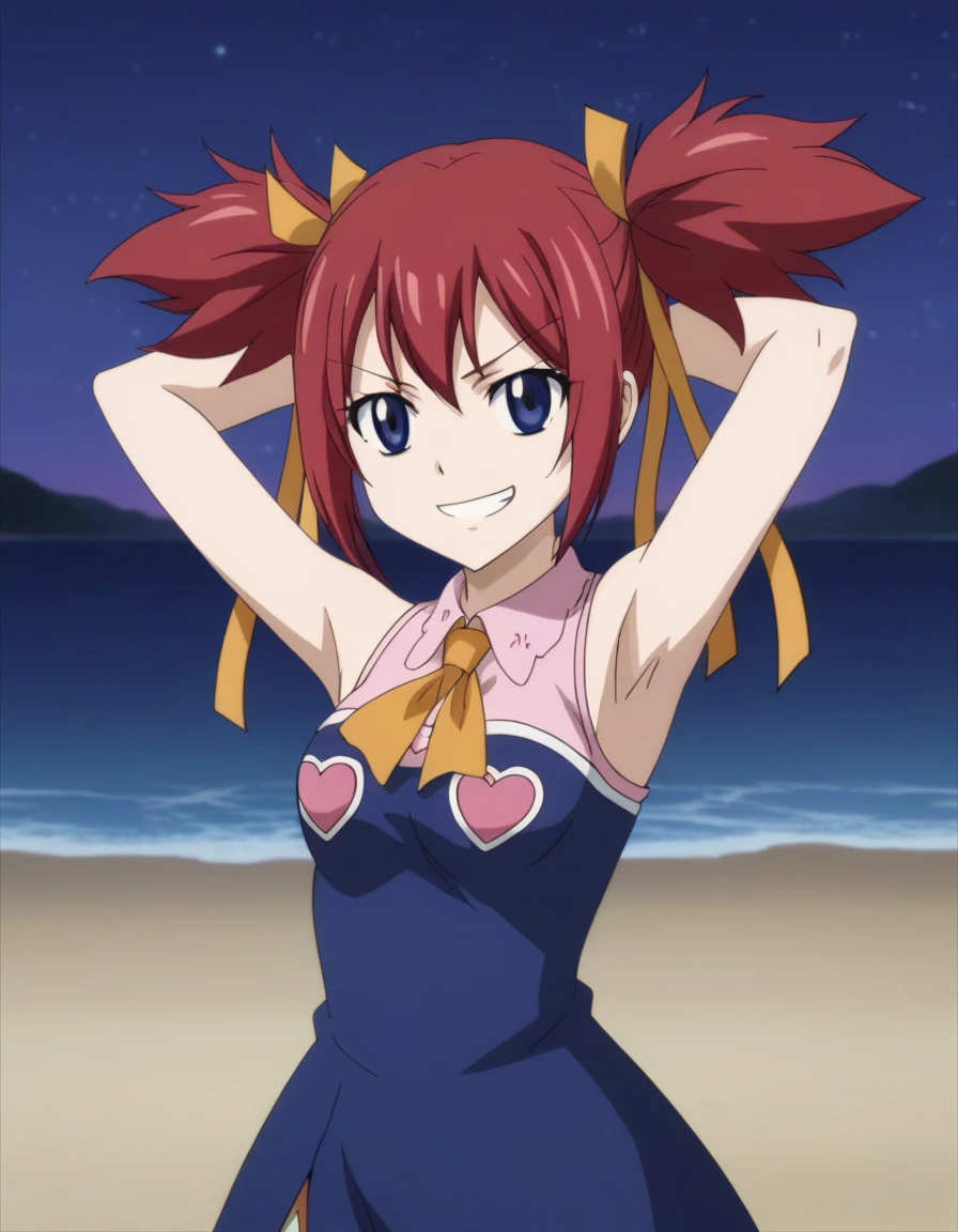 chelia_blendy, source_anime, rating_safe, intricate details, anime screencap, anime coloring, 1girl, solo,  red hair, blue eyes, ribbon, hair ribbon, twintails, short twintails, looking at viewer, solo, contrapposto, spread armpit, arms behind head, grin, looking at viewer, (cowboy shot:1.5), closed mouth, night sky, beach, high quality,