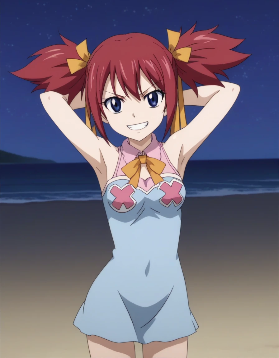 chelia_blendy, source_anime, rating_safe, intricate details, anime screencap, anime coloring, 1girl, solo,  red hair, blue eyes, ribbon, hair ribbon, twintails, short twintails, looking at viewer, solo, contrapposto, spread armpit, arms behind head, grin, looking at viewer, (cowboy shot:1.5), closed mouth, night sky, beach, high quality,