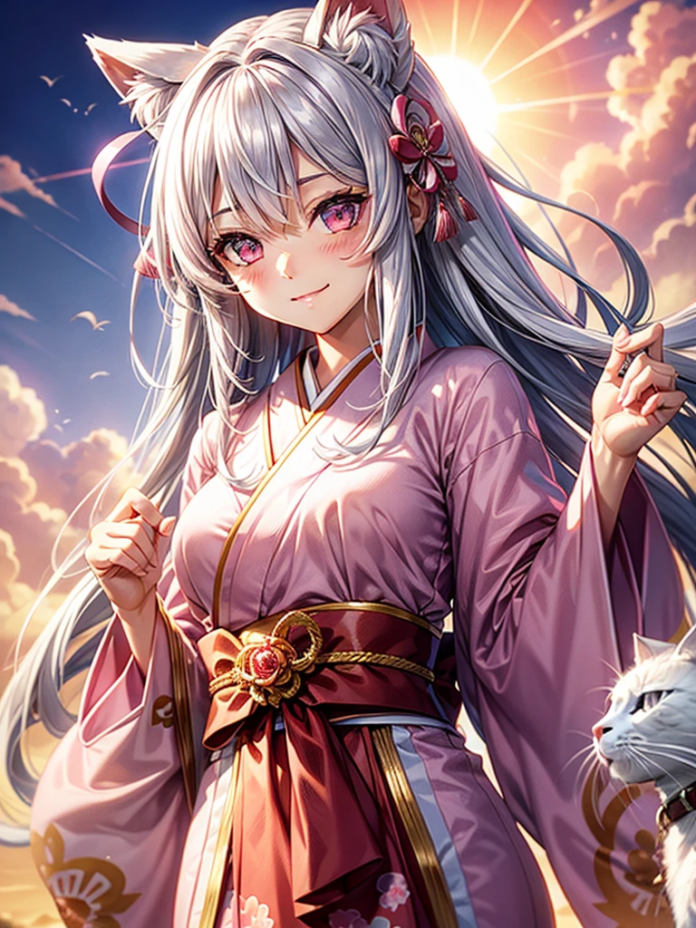 Silver hair, pink eyes, woman, sun and cloud background, pink red gold clothes, hair bows, happy face, Japanese outfit, sexy, cat ears