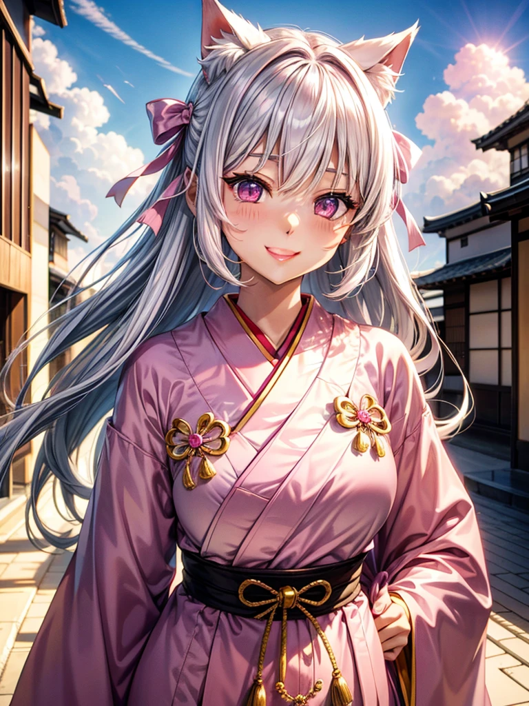 Silver hair, pink eyes, woman, sun and cloud background, pink red gold clothes, hair bows, happy face, Japanese outfit, sexy, cat ears