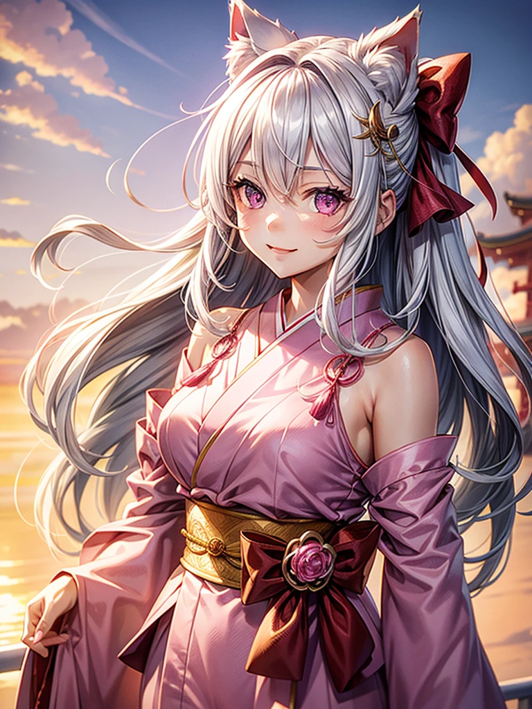 Silver hair, pink eyes, woman, sun and cloud background, pink red gold clothes, hair bows, happy face, Japanese outfit, sexy, cat ears