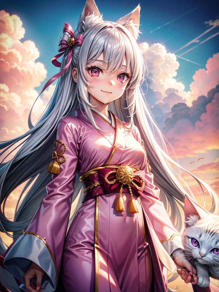 Silver hair, pink eyes, woman, sun and cloud background, pink red gold clothes, hair bows, happy face, Japanese outfit, sexy, cat ears