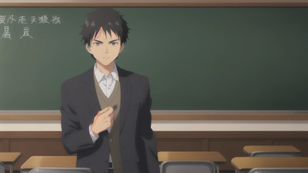 Teacher standing in front of the podium、Chalkboard at the back、Straight face、male、Black suit、Anime Style、Close-up of face