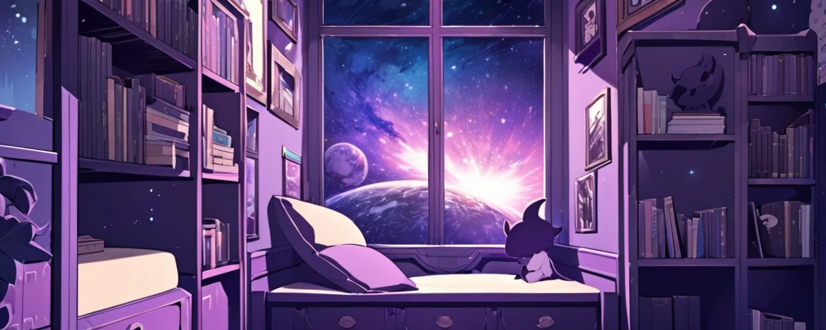 A room that resembles a bedroom. It has a window at the bottom that gives a view of a galaxy. On one side are several books. The other sides are practically a quarter. There are some posters of demon silhouettes. The default color of the room is purple. There are some paintings. A very detailed bedroom.