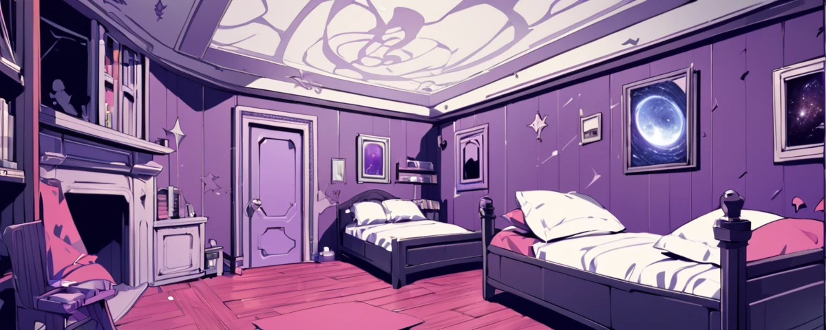 A room that resembles a bedroom. It has a window at the bottom that gives a view of a galaxy. On one side are several books. The other sides are practically a quarter. There are some posters of demon silhouettes. The default color of the room is purple. There are some paintings. A very detailed bedroom.