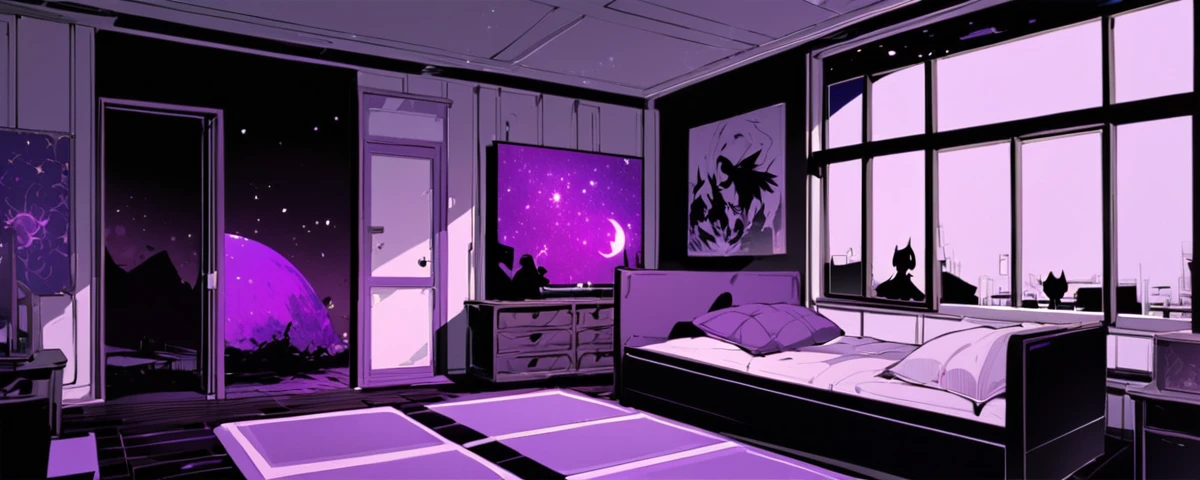 A room that resembles a bedroom. It has a window at the bottom that gives a view of a galaxy. On one side are several books. The other sides are practically a quarter. There are some posters of demon silhouettes. The default color of the room is purple. There are some paintings. A very detailed bedroom.