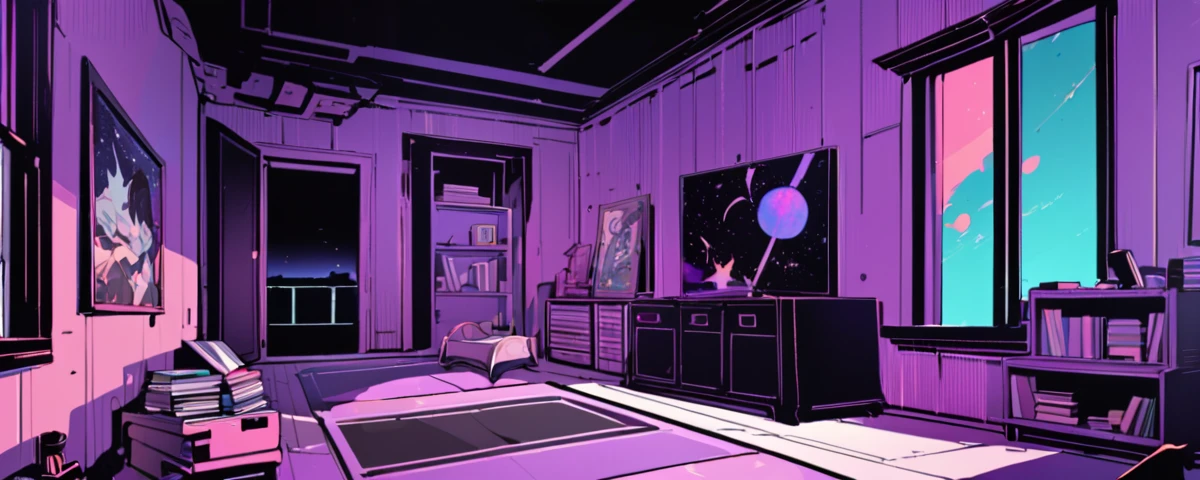 A room that resembles a bedroom. It has a window at the bottom that gives a view of a galaxy. On one side are several books. The other sides are practically a quarter. There are some posters of demon silhouettes. The default color of the room is purple. There are some paintings. A very detailed bedroom.