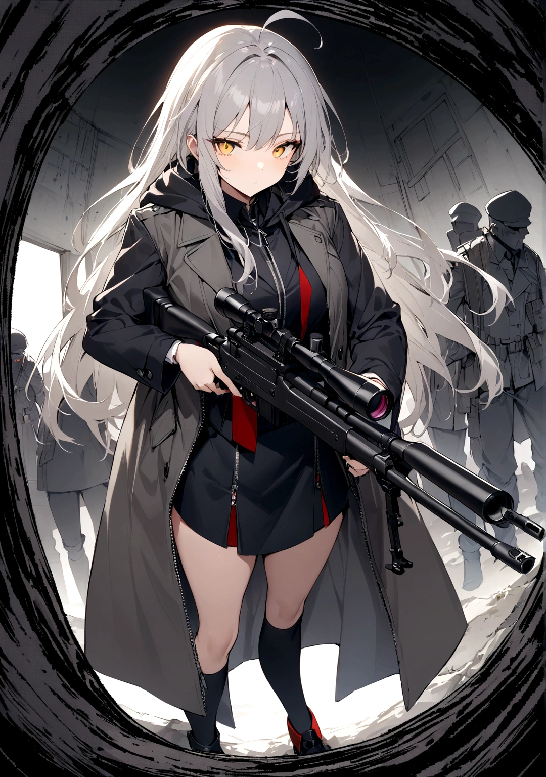 Gun on shoulder、(masterpiece, best quality:1.2), 1girl, 独奏,Black military uniform、Looking through the scope、Point your gun at us、Grey long hair、Ahoge、Yellow Eyes、Ready your gun?、sniper rifle、Background of military bases、Fisheye Lens、battlefield、Shadows of light and darkness、Expressionless、Grim face、battle、A black hoodie over a grey trench coat、Black knee socks、Wear a zip-up hoodie over your shoulders