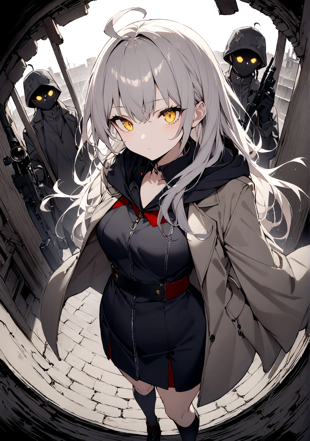 Gun on shoulder、(masterpiece, best quality:1.2), 1girl, 独奏,Black military uniform、Looking through the scope、Gray cat ears、Point your gun at us、Grey long hair、Ahoge、Yellow Eyes、Grey trench coat、Gray cat ears、The hoodie I took off was my carry-on baggage.、Ready your gun?、sniper rifle、Background of military bases、Fisheye Lens、battlefield、Shadows of light and darkness、Expressionless、Grim face、battle、Gray trench coat、Black knee socks、Cleavage、Black collar、Holding a black hoodie、Take off your black zip-up hoodie