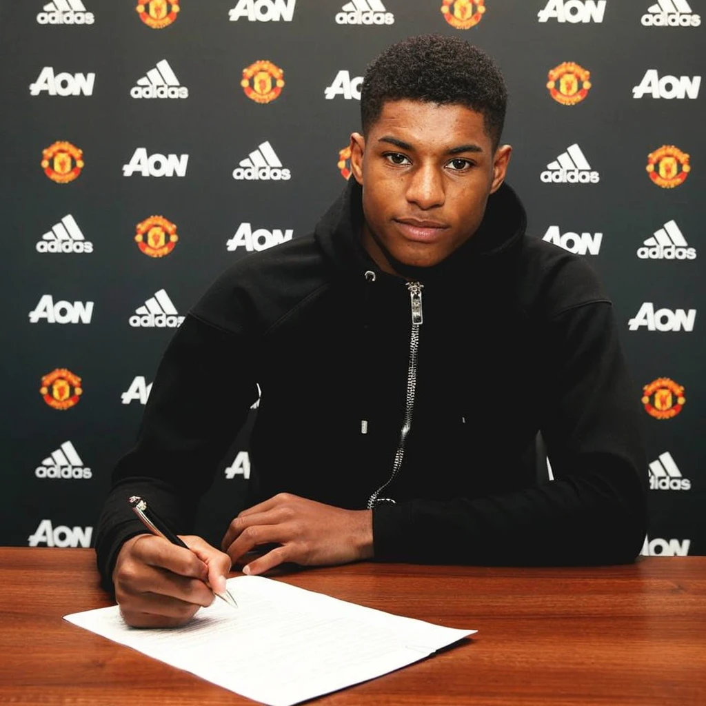 Create an ultra-realistic image of a young soccer player signing a contract with Flamengo from Rio de Janeiro. The player is sitting at a table, holding a pen and looking directly at the camera. He has vibrant blue hair and a vibrant blue beard, and is wearing a black jacket with a zipper. In the background, there is a panel with the logos of Flamengo and its sponsors, highlighting the significance of the contract signing moment with the club.