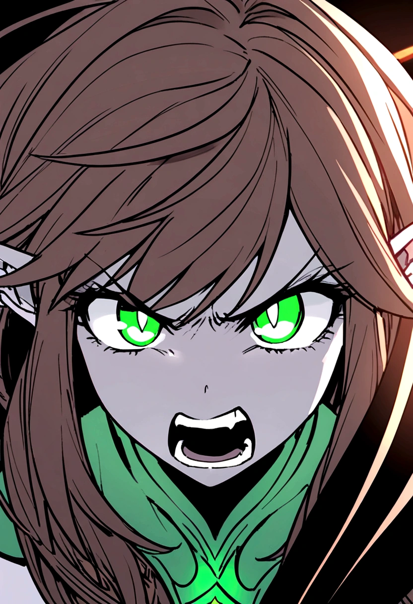 Young elven woman, pale skin, brown hair, a green eye and red a eye, black short clothes, small, dark fantasy, long ears, bladedancer, very angry, screaming
