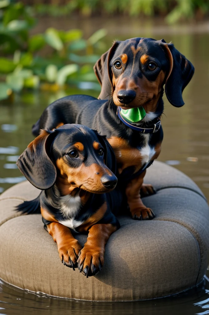 A dachshund on top of a duck