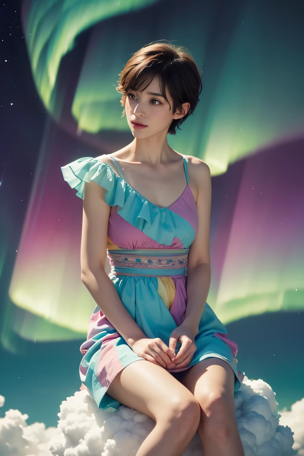 8K, masterpiece, Beautiful woman wearing a multicolored dress sitting on a cloud in the sky, hyperrealism, Aurora, short cut hair,
