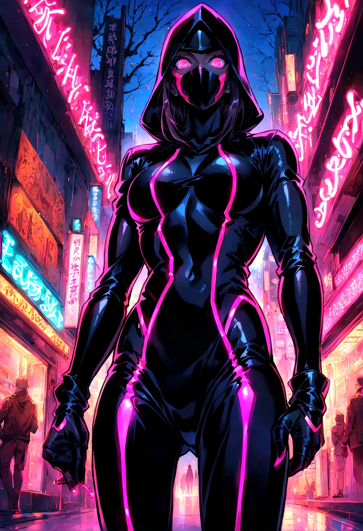Neon, (Girl dressed in a dark black ninja suit with a hood.), Leather suit, suit that emanates bright pink light, bright pink eyes, very detailed eyes, by white, perfect anatomy, (Japanese cherry trees in the background), The trees have luminous leaves and fall with the breeze., bright, (Neon lights stick out of the suit.), evening, nocturnal. high image quality, 8k, High Definition, intricate, very detailed image, very sharp, Neon luminoso