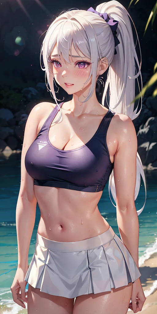 realistic, 1girl, ponytail, parted lips, blush, makeup, light smile, white hair, sportswear, skirt, wet clothes, glow, thighs, purple eye, bare shoulders, collarbone, narrow waist, sunbeam, sunlight, rose, wind, cleavage, (masterpiece), sweat,