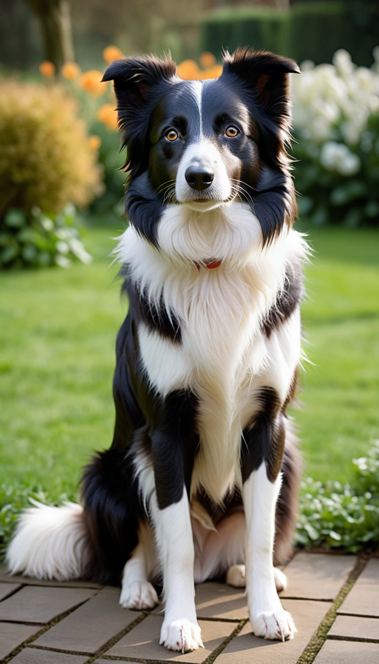 There is no one, realistic photo, photo realism, realism, bordercollie (border collie), perfect composition, intricate details, Very sharp, masterpiece, profile, high resolution, looking at the viewer, Full body photo in garden background
