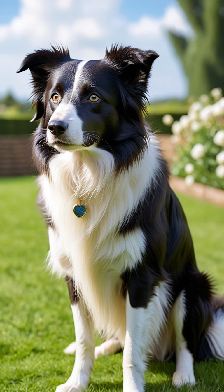 There is no one, realistic photo, photo realism, realism, bordercollie (border collie), perfect composition, intricate details, Very sharp, masterpiece, profile, high resolution, looking at the viewer, Full body photo in garden background