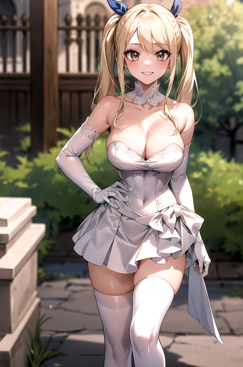 (masterpiece), (Highest quality), (Beautiful eyes and face), (Perfect female body), (Shiny skin),
View your viewers, Cowboy Shot, 
One girl, alone, Lucy Heartfilia, Blonde, Twin tails, Brown eyes,
Large Breasts,
smile,
Are standing, Hands on hips, 
Wedding dress、Knee-high socks、Long gloves outdoor, Historical sites,