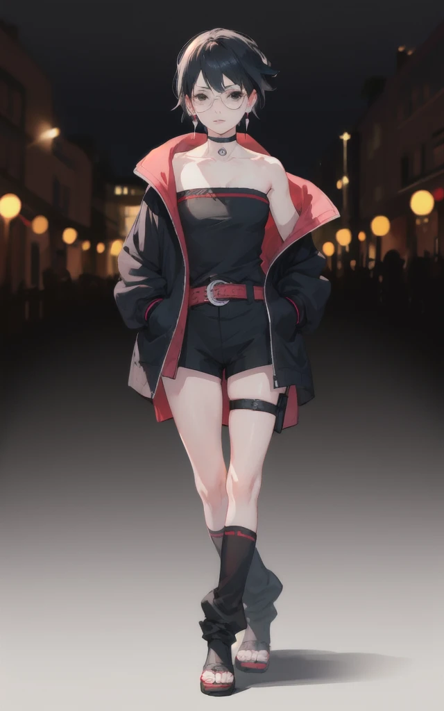 BARUTO_Timeskip_Uchiha_Sarada_ownwaifu, hand in pocket,
1girl, glasses, round eyewear, black hair, black eyes, bangs, swept bangs, short hair, lips, medium breasts, thighs,
black choker, earrings, jewelry, strapless, off shoulder, collarbone, red belt, open jacket, black jacket, black shorts, black dress, black footwear, long sleeves, leg warmers, konohagakure symbol, thigh strap, thigh pouch, loose socks,
((masterpiece)),((best quality)),(highres), bokeh, depth_of_field, scenery, spotlight, focused, looking at viewer, solo,