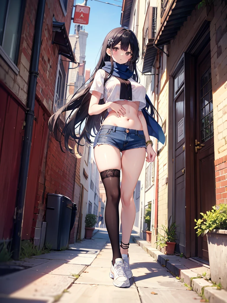 1girl,,legwear,,anklet,black hair,straight_hair,hime cut,long hair,sneakers,huge filesize,scarf,Uniforms,lace,student, breasts,Tight short top,Show your belly button