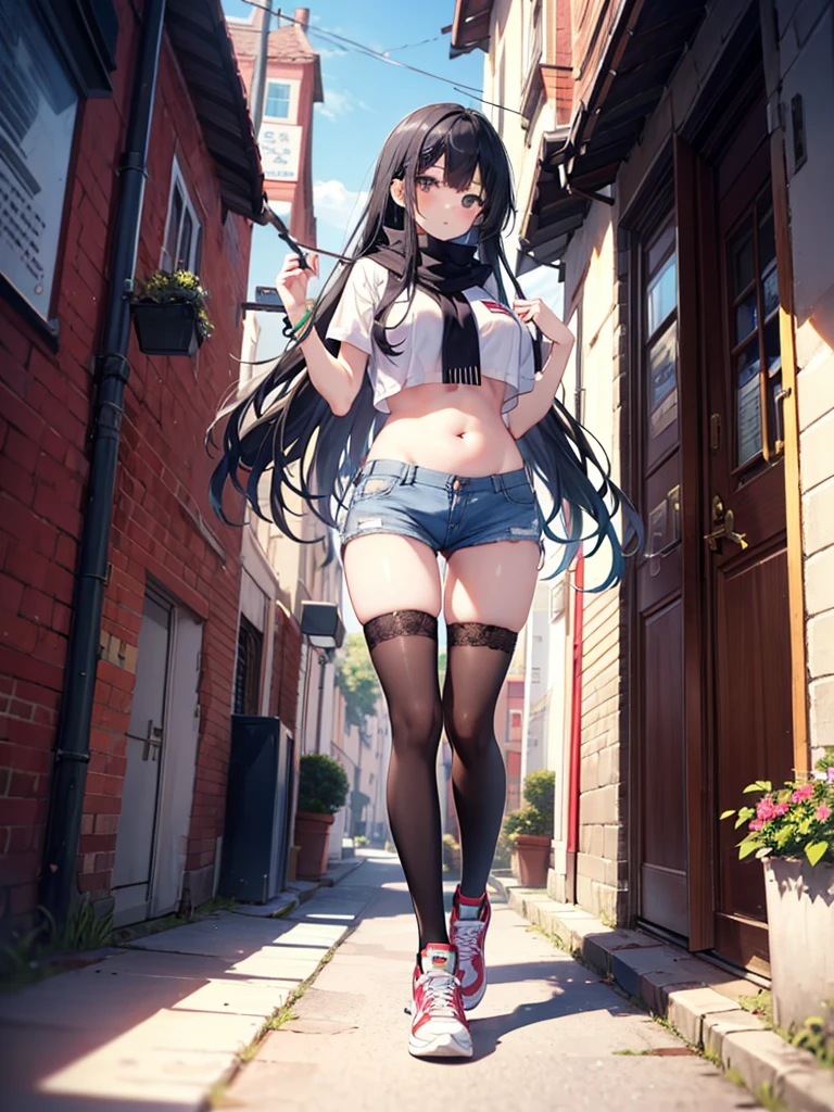 1girl,,legwear,,anklet,black hair,straight_hair,hime cut,long hair,sneakers,huge filesize,scarf,Uniforms,lace,student, breasts,Tight short top,Show your belly button