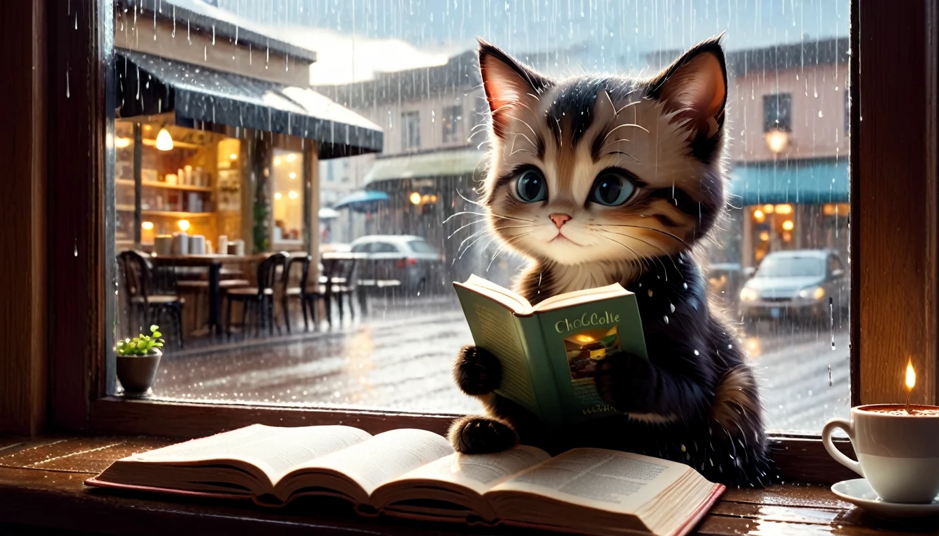 A scene of a cafe with rain falling outside the window, an anthropomorphic kitten is reading a book while drinking hot chocolate on a window seat, the warm light and calm expression are impressive