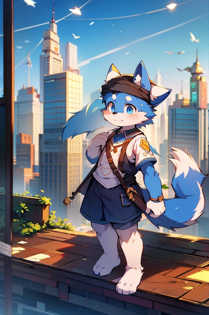 Blue fur, Canine, fox motif, boy, uniform,expensive,One person,Stand up on your own feet,expensive,Cityscape,Muslim city,