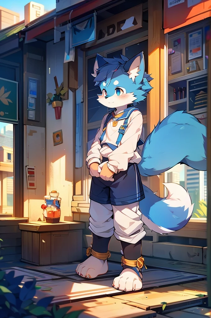 Blue fur, Canine, fox motif, boy, uniform,expensive,One person,Stand up on your own feet,expensive,Cityscape,Muslim city,