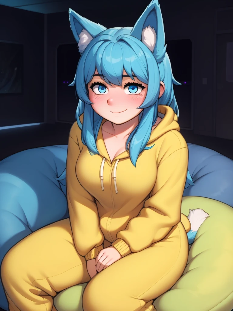 (Masterpiece) (High Detail) (High Res) A short humanoid girl with long blue hair and blue dog ears and a fluffy blue dog tail and average breasts. She is laying on her back on a bed and is wearing a baggy oversized fluffy blue onesie. She looks happy.