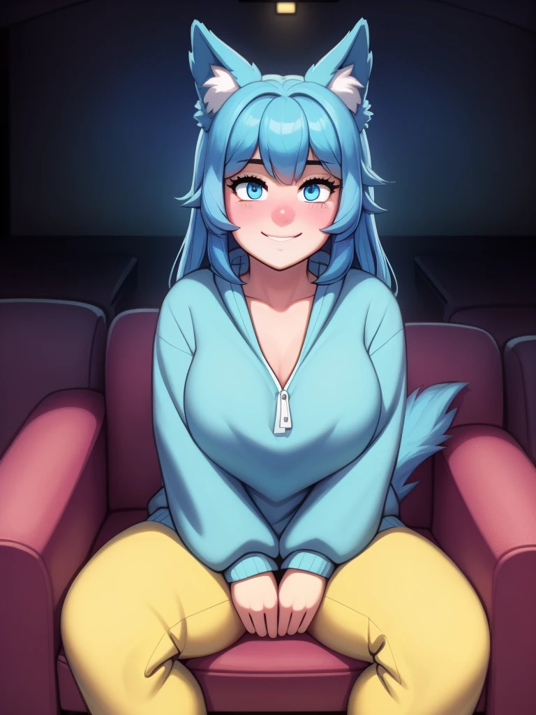 (Masterpiece) (High Detail) (High Res) A close up of a short humanoid girl with pale human skin and blue eyes and long blue hair and blue dog ears and a fluffy blue dog tail and average breasts. She is sat on a big beanbag chair in a dark cinema room with blankets all around her. She is wearing only a fluffy furry yellow onesie. She has her hands behind her back out of shot. She has blushing cheeks and looks cheerful.