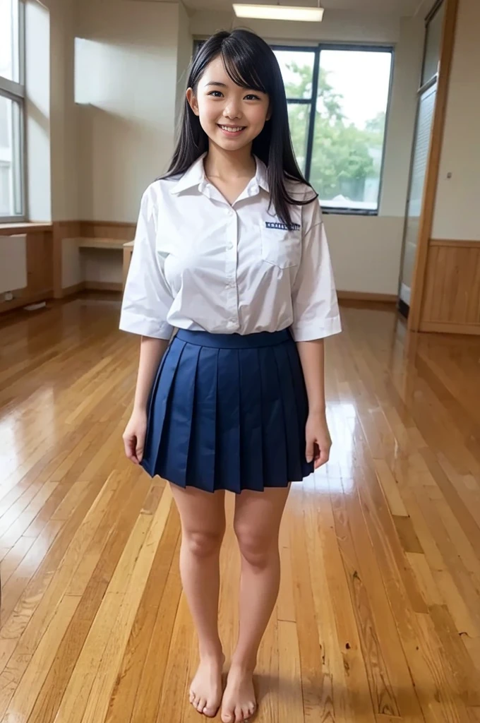 A girl, 18-years old student, cute smile girl, (white collar shirt, oversized collar shirt, white half sleeve shirt), huge breasts, (navy blue pleated skirt), black longhair, in wooden floor school gym, half open mouth, (standing), (barefoot), view from front, barefoot,