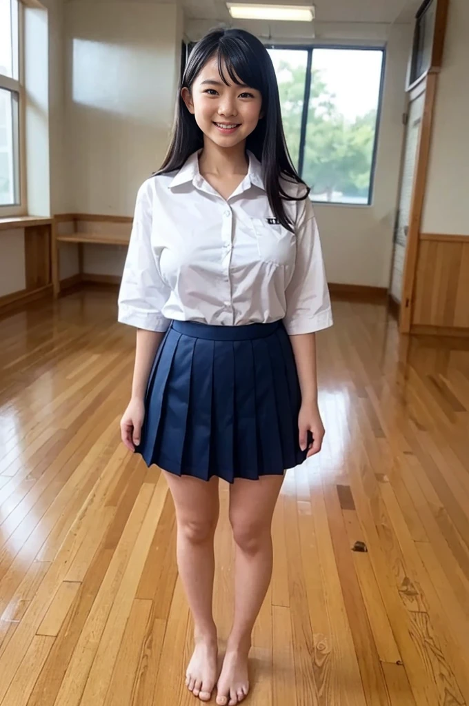 A girl, 18-years old student, cute smile girl, (white collar shirt, oversized collar shirt, white half sleeve shirt), huge breasts, (navy blue pleated skirt), black longhair, in wooden floor school gym, half open mouth, (standing),  (barefoot), view from front, barefoot,