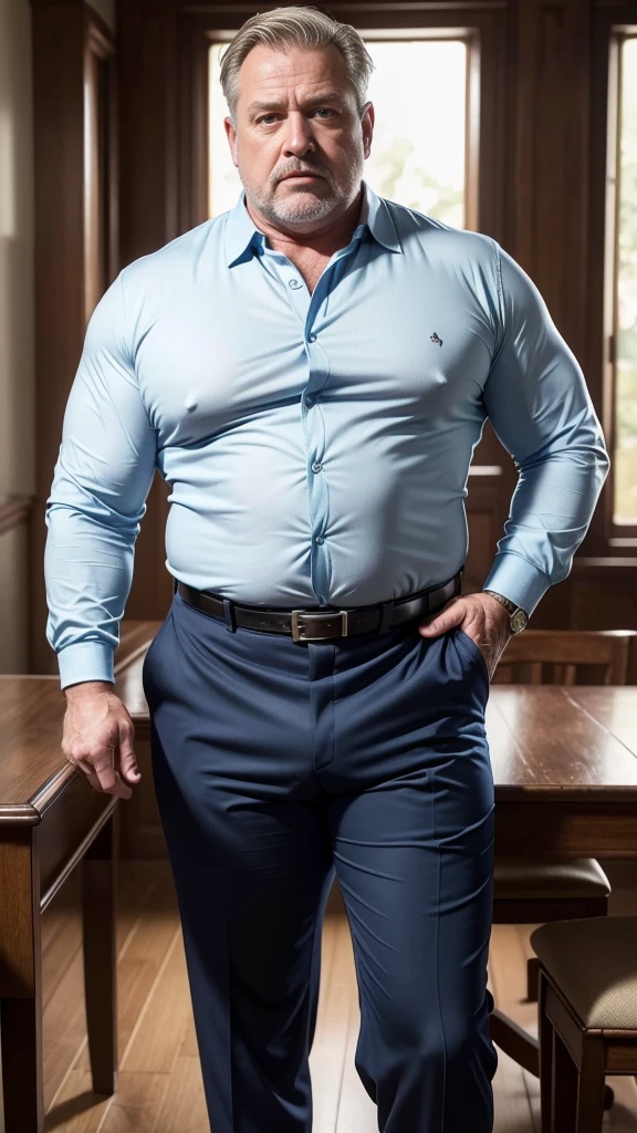 (best quality,4k,8k,highres,masterpiece:1.2), age 60, white man detective , horny disgusting, muscular chubby, kind, open blue polo shirt , mature daddy, black Dress Pants with big hard bulge, hairy chest hard nipple, belt, loafer,