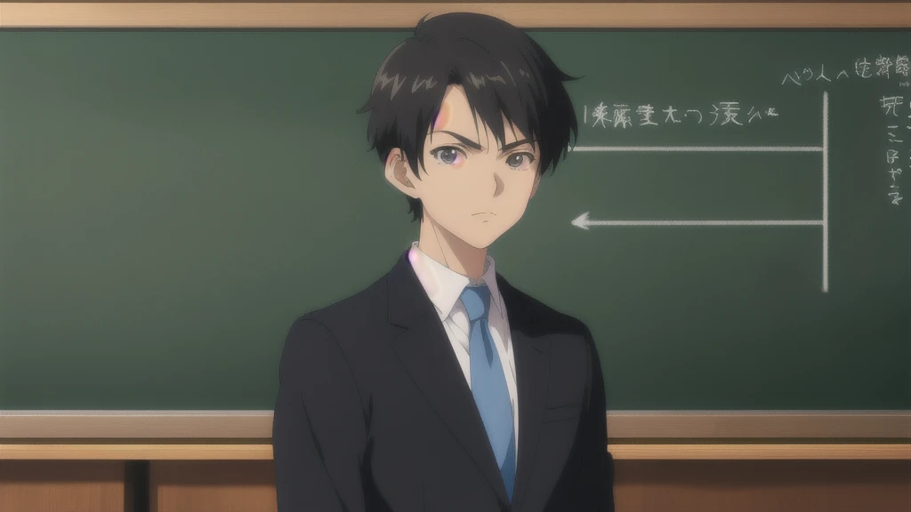 Teacher standing in front of the podium、Chalkboard at the back、Straight face、male、Black suit、Anime Style、Close-up of face