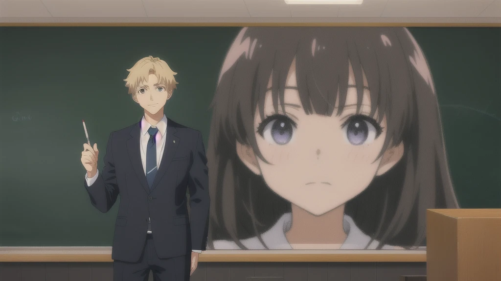 Teacher standing in front of the podium、Chalkboard at the back、Straight face、male、Black suit、Anime Style、Close-up of face