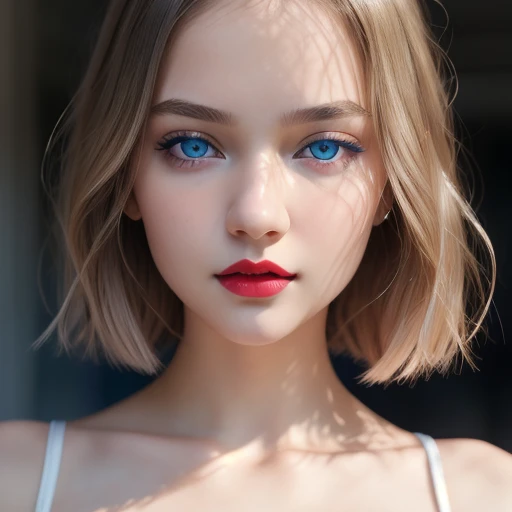 (best quality, 4k, Masterpiece, ultra detailed, hyperrealism, RAW quality), The face of the most beautiful young girl, the most beautiful face ever created, blue-eyed princess, seductive look, ultra-detailed pupil, captivating, clean, perfect, bob cut, ash hair, red lips, captivating, Asian-Nordic, RAW quality,